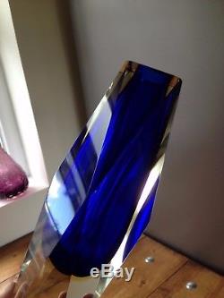 Rare Huge 3kg Blue Amber & Clear Murano Sommerso Faceted Vase Retro MID Century