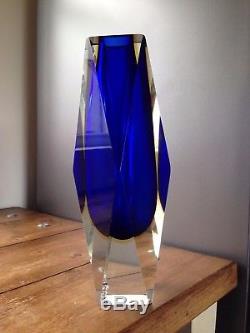 Rare Huge 3kg Blue Amber & Clear Murano Sommerso Faceted Vase Retro MID Century