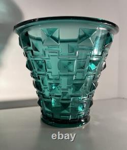 Rare Orrefors Glass Simon Gate Art Deco Pot Vase Bowl SP14 Faceted Turquoise
