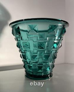 Rare Orrefors Glass Simon Gate Art Deco Pot Vase Bowl SP14 Faceted Turquoise