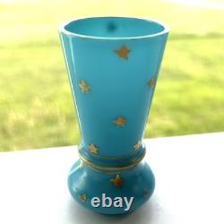 Rare Signed Antique PORTIEUX VALLERYSTHAL French Blue Opaline Vase w Gold Stars