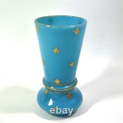 Rare Signed Antique PORTIEUX VALLERYSTHAL French Blue Opaline Vase w Gold Stars