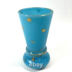 Rare Signed Antique PORTIEUX VALLERYSTHAL French Blue Opaline Vase w Gold Stars
