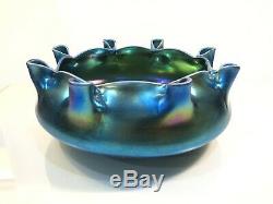 Rare Steuben Blue Aurene 8-Stem Flower Vase Bowl 8 Wide Excellent Condition