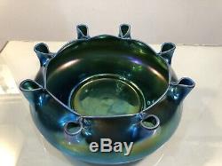 Rare Steuben Blue Aurene 8-Stem Flower Vase Bowl 8 Wide Excellent Condition