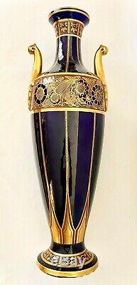 Rare Vintage French Tall Art Deco Signed Maurice Pinon Cobalt Blue and Gold Vase