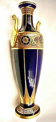 Rare Vintage French Tall Art Deco Signed Maurice Pinon Cobalt Blue and Gold Vase