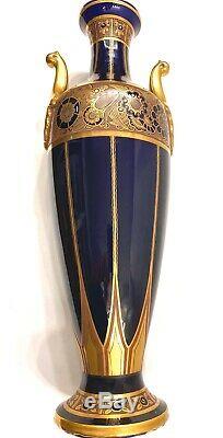 Rare Vintage French Tall Art Deco Signed Maurice Pinon Cobalt Blue and Gold Vase