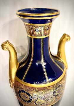 Rare Vintage French Tall Art Deco Signed Maurice Pinon Cobalt Blue and Gold Vase