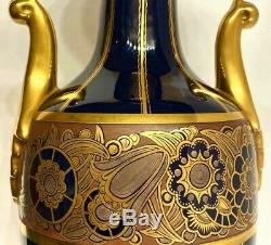 Rare Vintage French Tall Art Deco Signed Maurice Pinon Cobalt Blue and Gold Vase