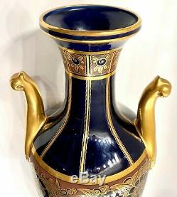 Rare Vintage French Tall Art Deco Signed Maurice Pinon Cobalt Blue and Gold Vase