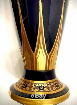 Rare Vintage French Tall Art Deco Signed Maurice Pinon Cobalt Blue and Gold Vase