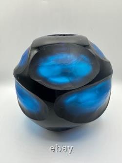 Rare Vintage Murano Battuto Art Glass Vase Blue Carved Carlo Scarpa, Italy
