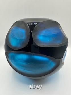 Rare Vintage Murano Battuto Art Glass Vase Blue Carved Carlo Scarpa, Italy