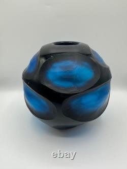 Rare Vintage Murano Battuto Art Glass Vase Blue Carved Carlo Scarpa, Italy