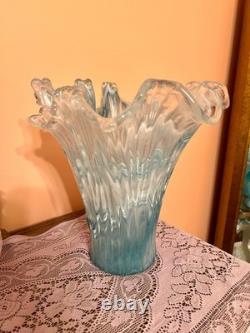 Rare Vintage Murano blue and white extra large glass vase made in Italy