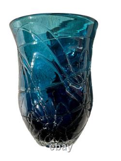 Rare Vintage Threaded Wrapped Teal Art Glass Vase 9 Heavy Excellent Condition