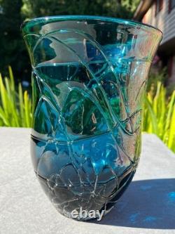 Rare Vintage Threaded Wrapped Teal Art Glass Vase 9 Heavy Excellent Condition
