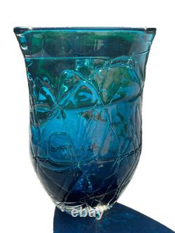 Rare Vintage Threaded Wrapped Teal Art Glass Vase 9 Heavy Excellent Condition
