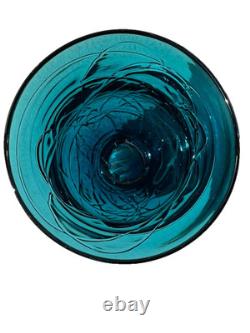 Rare Vintage Threaded Wrapped Teal Art Glass Vase 9 Heavy Excellent Condition