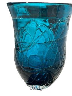 Rare Vintage Threaded Wrapped Teal Art Glass Vase 9 Heavy Excellent Condition