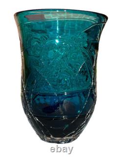 Rare Vintage Threaded Wrapped Teal Art Glass Vase 9 Heavy Excellent Condition