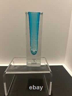 Rare Vintage Vetri Murano Hand-Etched Clear & Blue Bud Vase 6 1/8' tall Stickers