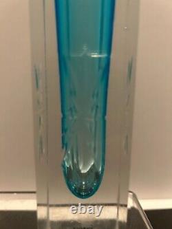 Rare Vintage Vetri Murano Hand-Etched Clear & Blue Bud Vase 6 1/8' tall Stickers