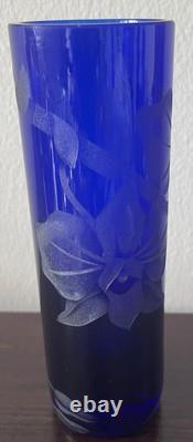 Rare Vntg Cobalt Blue Glass Etched Orchids Vase Hawaiian Artist Jennifer Pontz