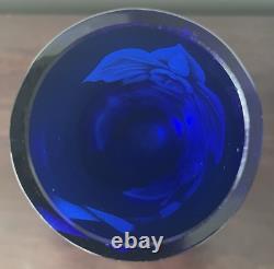 Rare Vntg Cobalt Blue Glass Etched Orchids Vase Hawaiian Artist Jennifer Pontz