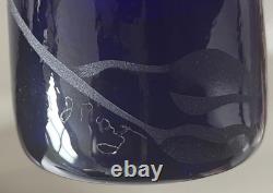 Rare Vntg Cobalt Blue Glass Etched Orchids Vase Hawaiian Artist Jennifer Pontz