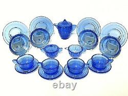 Rarely Seen Akro Agate Trnsp. Blue Large Concentric Ring Child's Tea Set / # 91
