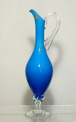 Retro Empoli Blue Cased Glass Jug Ewer, Italy