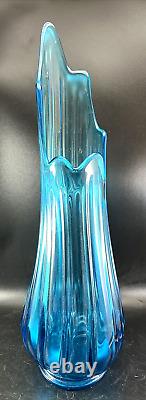Retro MCM Viking LE Smith Blue Swung Ribbed Glass Floor Vase 19 1 /4 x 6