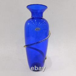 Richard Blenko Signed Blenko Glass Vase Cobalt Blue with Topaz Coil