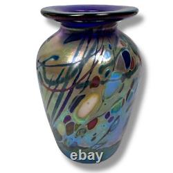Rick Hunter Art Glass Vase Carnival Glass Cobalt Blue Gold Spots Swirls Colorful