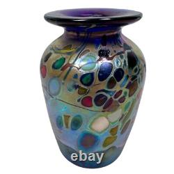 Rick Hunter Art Glass Vase Carnival Glass Cobalt Blue Gold Spots Swirls Colorful
