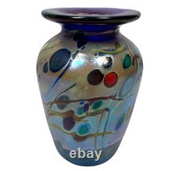 Rick Hunter Art Glass Vase Carnival Glass Cobalt Blue Gold Spots Swirls Colorful