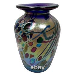 Rick Hunter Art Glass Vase Carnival Glass Cobalt Blue Gold Spots Swirls Colorful