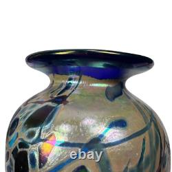 Rick Hunter Art Glass Vase Carnival Glass Cobalt Blue Gold Spots Swirls Colorful
