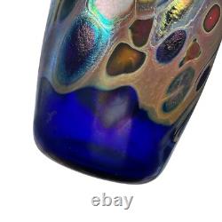 Rick Hunter Art Glass Vase Carnival Glass Cobalt Blue Gold Spots Swirls Colorful