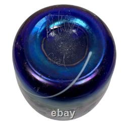 Rick Hunter Art Glass Vase Carnival Glass Cobalt Blue Gold Spots Swirls Colorful