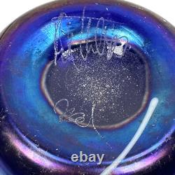 Rick Hunter Art Glass Vase Carnival Glass Cobalt Blue Gold Spots Swirls Colorful