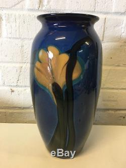 Rick Richard Satava Signed Blown Blue Studio Art Glass Vase with Flower Decoration
