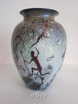 Rick Satava signed Petroglyph Glass Vase Cave Painting Art Iridescent Blue blown