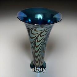 Rick Strini Blue Luster &Purple Iridescent Hand Blown Pulled Art Glass Vase 1998