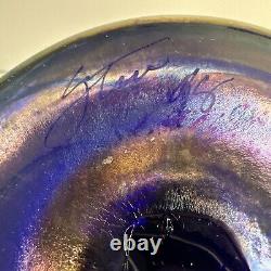 Rick Strini Blue Luster &Purple Iridescent Hand Blown Pulled Art Glass Vase 1998