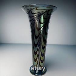 Rick Strini Blue Luster &Purple Iridescent Hand Blown Pulled Art Glass Vase 1998