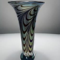 Rick Strini Blue Luster &Purple Iridescent Hand Blown Pulled Art Glass Vase 1998