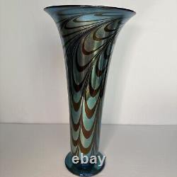 Rick Strini Blue Luster &Purple Iridescent Hand Blown Pulled Art Glass Vase 1998